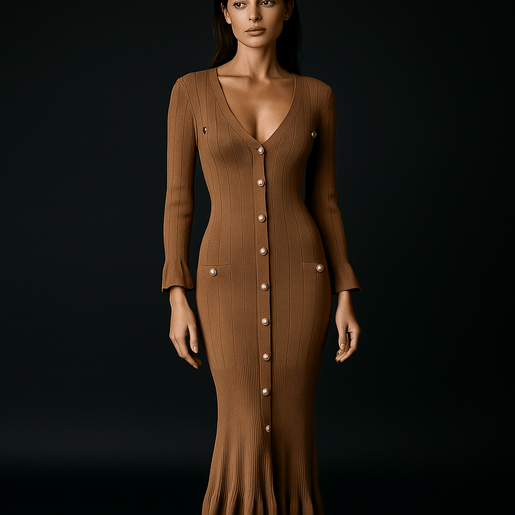 Robe Longue Maëlys – Robe en maille boutonnée femme manches évasées Marron / M