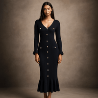Robe Longue Maëlys – Robe en maille boutonnée femme manches évasées Noir / L