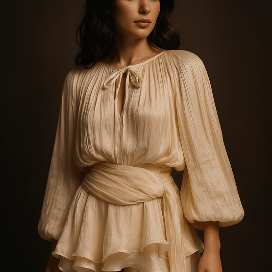 Robe Mini Liora – Robe drapée femme soirée manches longue Beige / S