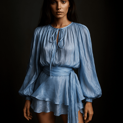 Robe Mini Liora – Robe drapée femme soirée manches longue Bleu clair / S