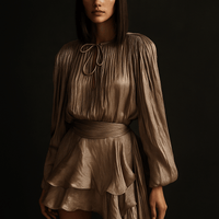 Robe Mini Liora – Robe drapée femme soirée manches longue Marron / S