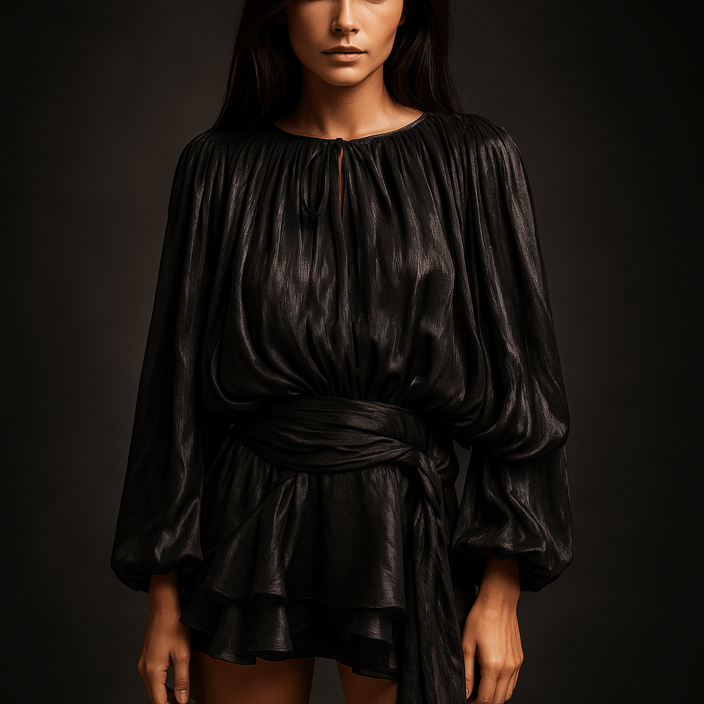 Robe Mini Liora – Robe drapée femme soirée manches longue Noir / S
