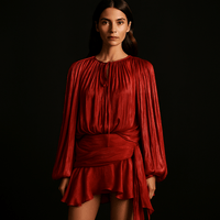 Robe Mini Liora – Robe drapée femme soirée manches longue Rouge / S