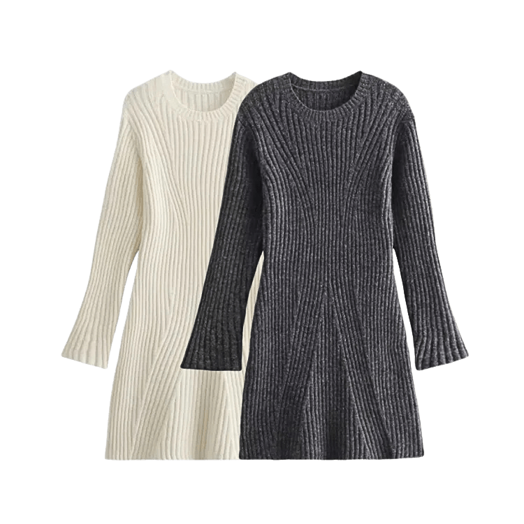 Robe Pull Naïa – Mini robe côtelée femme ajustée col rond hiver 