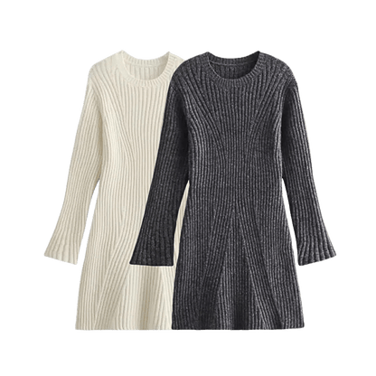 Robe Pull Naïa – Mini robe côtelée femme ajustée col rond hiver 