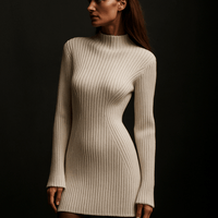 Robe Pull Naïa – Mini robe côtelée femme ajustée col rond hiver  Beige / M