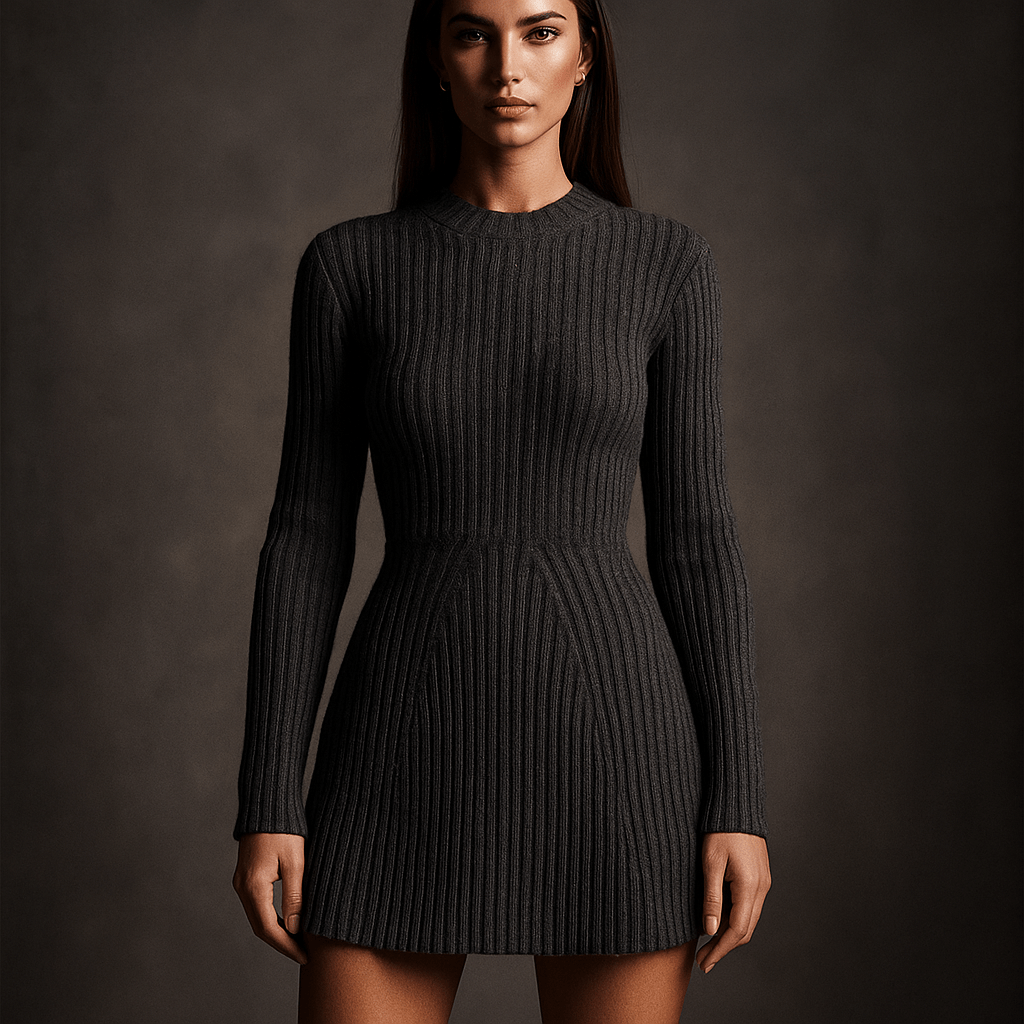 Robe Pull Naïa – Mini robe côtelée femme ajustée col rond hiver  Gris / L