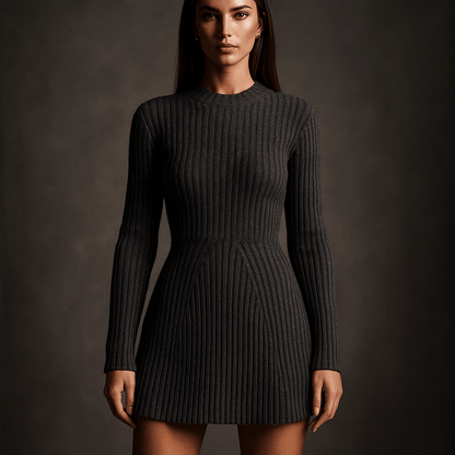 Robe Pull Naïa – Mini robe côtelée femme ajustée col rond hiver  Gris / L