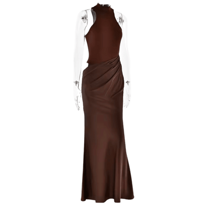 Robe Satinée Aria – Robe longue femme col montant avec découpe