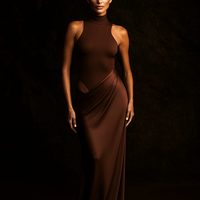 Robe Satinée Aria – Robe longue femme col montant avec découpe coffee / S