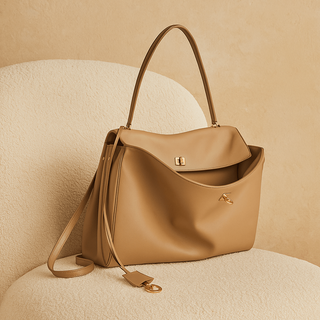 Sac à main femme Moira – Cabas cuir lisse & verrou tourniquet  Beige