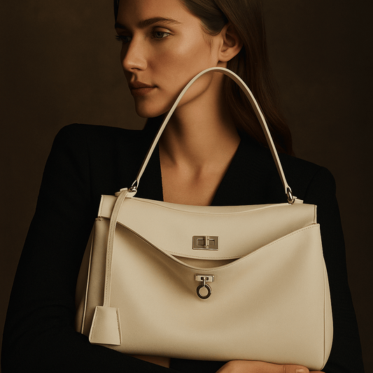 Sac à main femme Moira – Cabas cuir lisse & verrou tourniquet  Blanc / 35-11-25cm