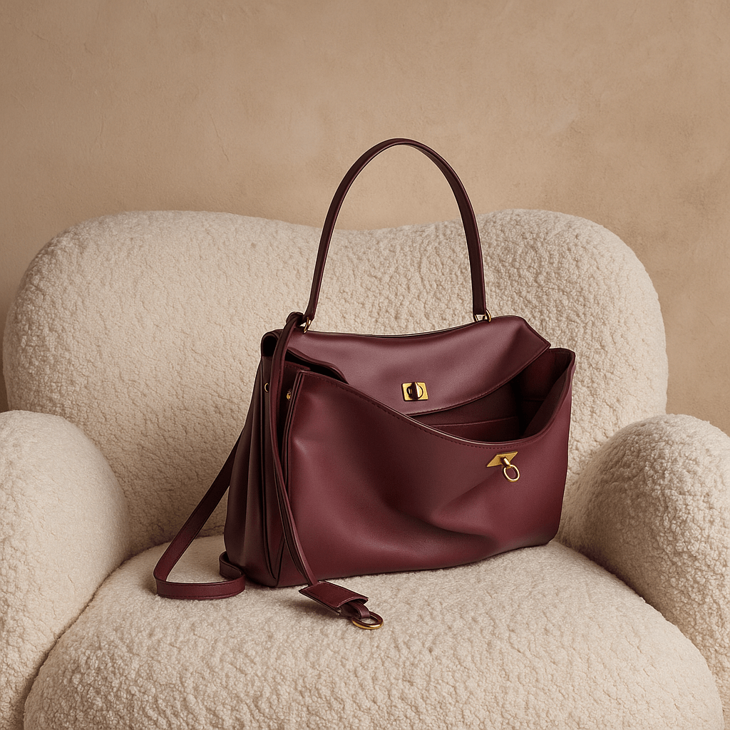 Sac à main femme Moira – Cabas cuir lisse & verrou tourniquet  Bordeaux