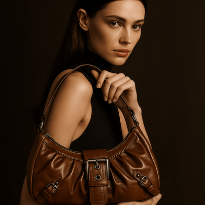 Sac à main Nova – mini hobo cuir vegan lustré | L’Atelier de Malte Marron