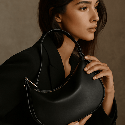 Sac Livia – Demi-lune en cuir beige & boucle dorée sculpturale