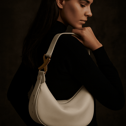 Sac Livia – Demi-lune en cuir beige & boucle dorée sculpturale