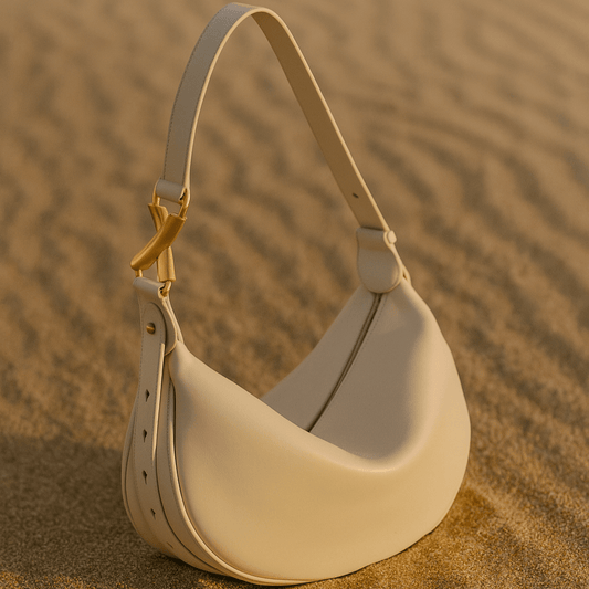 Sac Livia – Demi-lune en cuir beige & boucle dorée sculpturale Beige