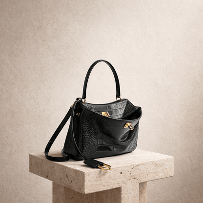 Sac Moira Coccodrillo - Cuir pleine fleure, grand format. Noir