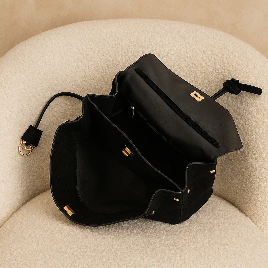 Sac Moira Notte – cabas en daim noir & fermoir or | L’Atelier de Malte