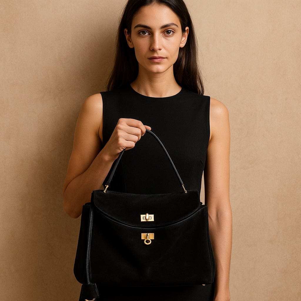 Sac Moira Notte – cabas en daim noir & fermoir or | L’Atelier de Malte