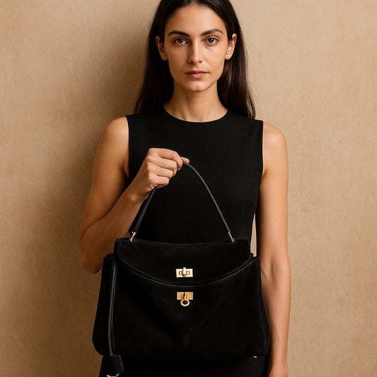 Sac Moira Notte – Cabas en daim noir & fermoir or